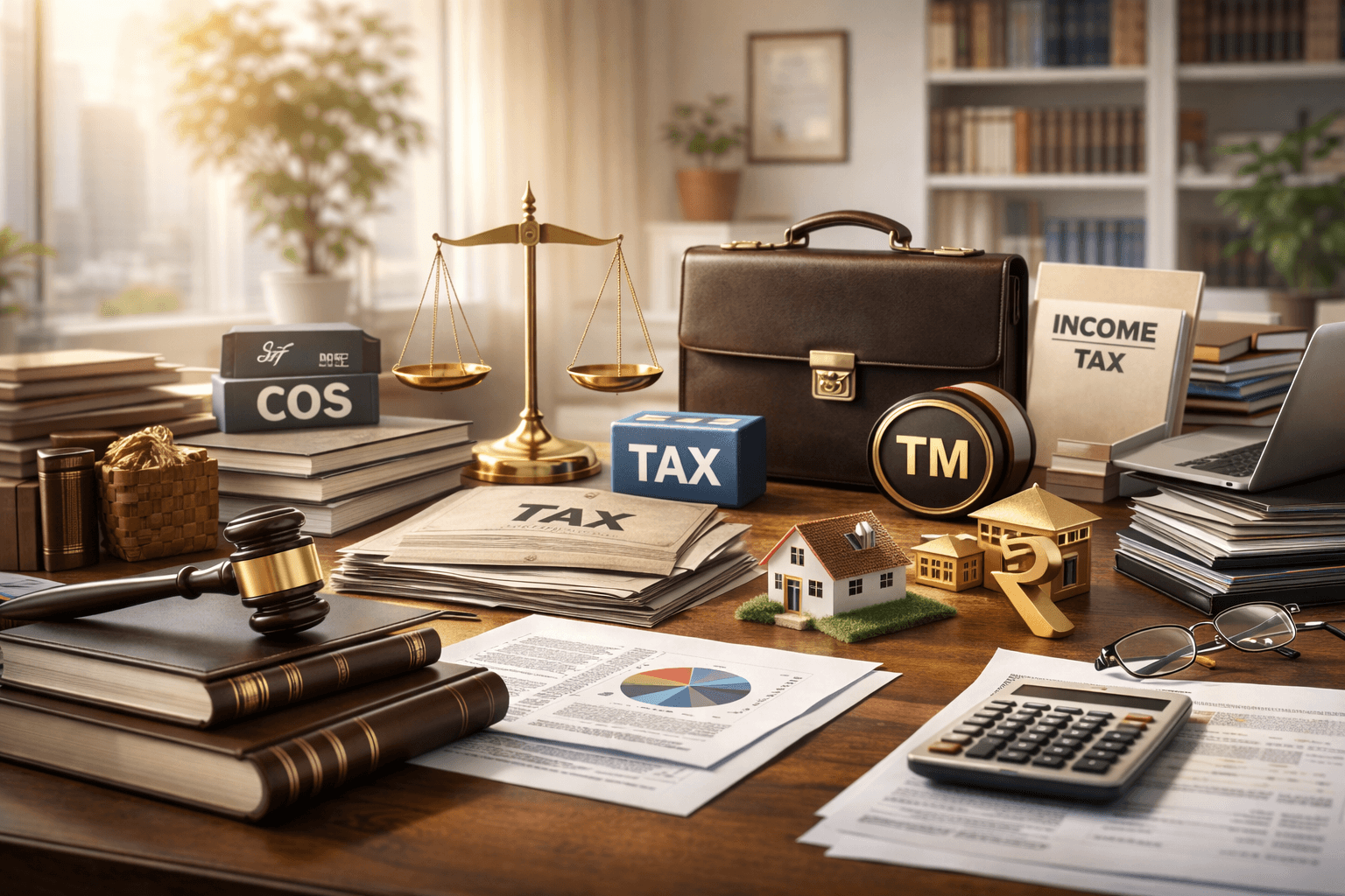 Legal, tax, compliance and corporate services — professional desk with scales, documents and tools