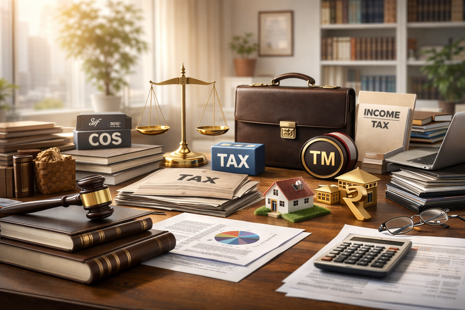 Legal, tax, compliance and corporate services — professional desk with scales, documents and tools